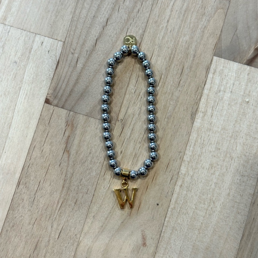 Rustic Cuff Silver Beaded Bracelet with Gold “W” Initial Charm